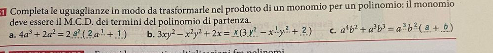 Completa le uguaglianze in modo da trasformarle nel prodotto di un monomio per un polinomio: il monomio
deve essere il M.C.D. dei termini del polinomio di partenza.
a. 4a^3+2a^2=2a^2(2a^(...)+1) b. 3xy^2-x^2y^2+2x=x(3.y^2-x^1y^2+2...) C. a^4b^2+a^3b^3=a^3b^2(a+b)