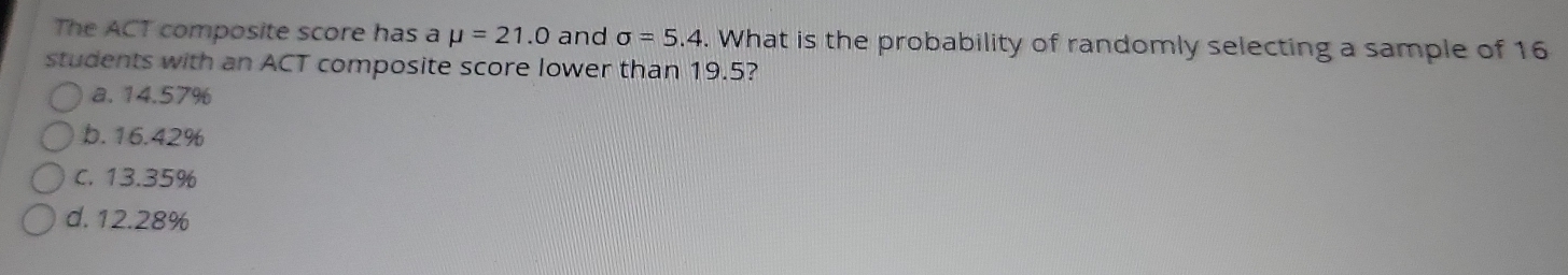 Solved: The ACT composite score has a mu =21.0 and sigma =5.4. . What ...