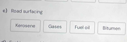 cRoad surfacing
Kerosene Gases Fuel oil Bitumen