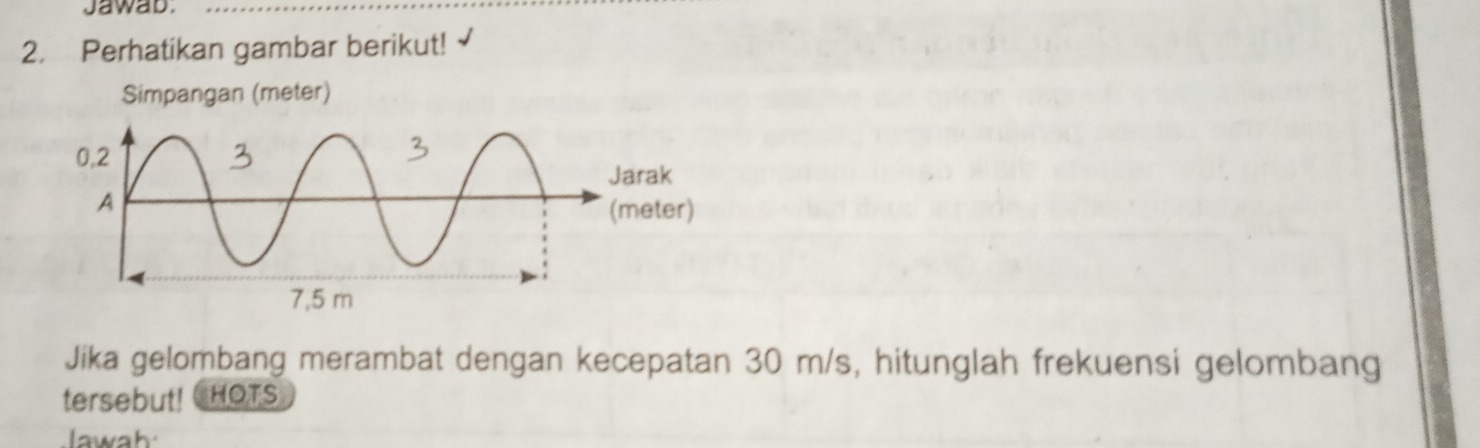 Jawab. 
2. Perhatikan gambar berikut!√ 
Simpangan (meter) 
Jika gelombang merambat dengan kecepatan 30 m/s, hitunglah frekuensi gelombang 
tersebut! a HOTS 
lawah