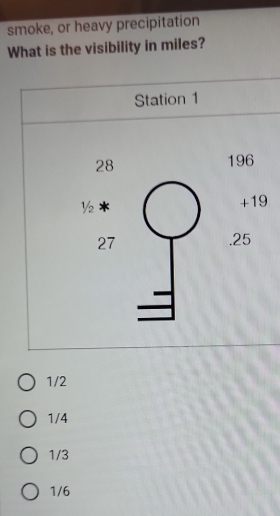 smoke, or heavy precipitation
What is the visibility in miles?
Station 1
28
196
½ * +19
27 .25
1/2
1/4
1/3
1/6