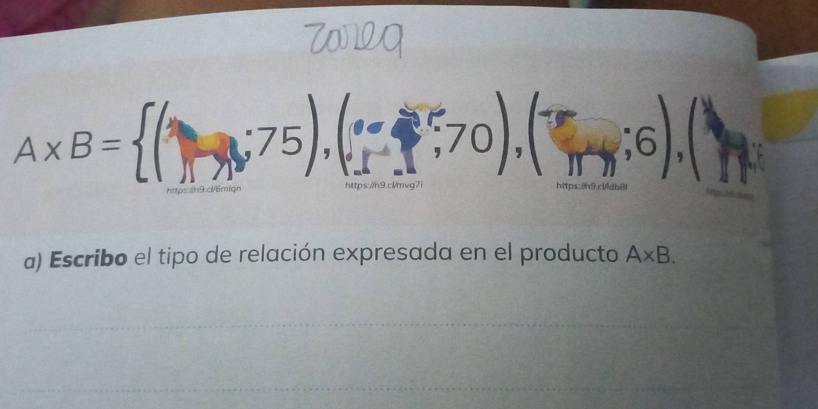 A* B= (□ ,75),(□ ,70),(□ ,6),(□ ,6),(
a) Escribo el tipo de relación expresada en el producto A* B.