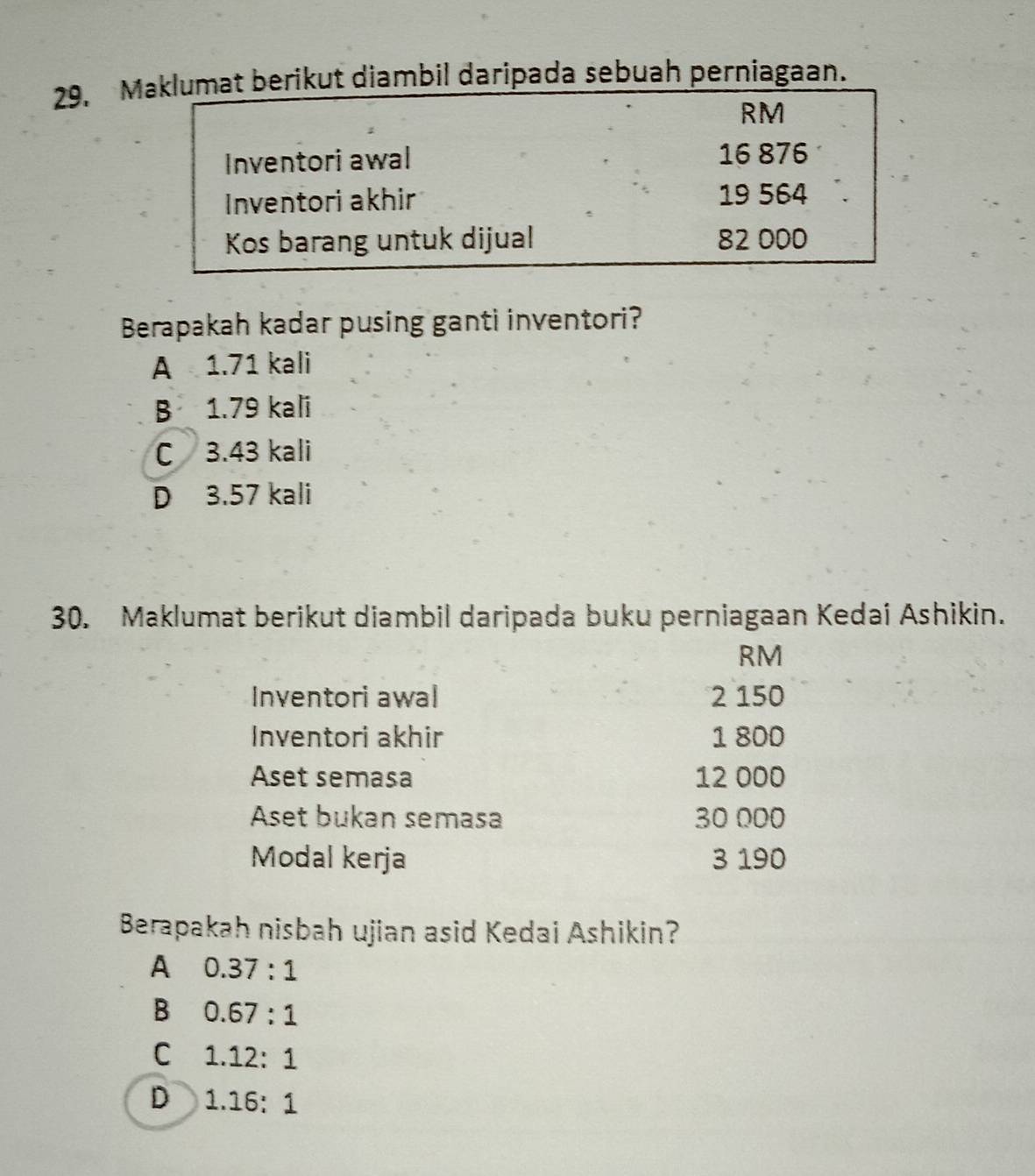 Miambil daripada sebuah perniagaan.
Berapakah kadar pusing ganti inventori?
A 1.71 kali
B 1.79 kali
C 3.43 kali
D 3.57 kali
30. Maklumat berikut diambil daripada buku perniagaan Kedai Ashikin.
RM
Inventori awal 2 150
Inventori akhir 1 800
Aset semasa 12 000
Aset bukan semasa 30 000
Modal kerja 3 190
Berapakah nisbah ujian asid Kedai Ashikin?
A 0.37:1
B 0.67:1
C 1.12:1
D 1.16:1