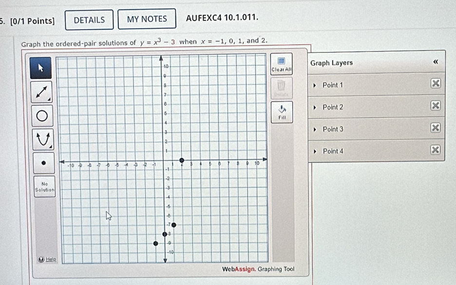 DETAILS MY NOTES AUFEXC4 10.1.011. 
Graph the ordered-pair solutions of y=x^3-3 when x=-1,0,1, , and 2. 
Graph Layers 
lear All 
Point 1
x
a 
Point 2 x
Fill 
Point 3 x
Point 4
No 
Solutio 
0 Heln 
WebAssign, ing Tool