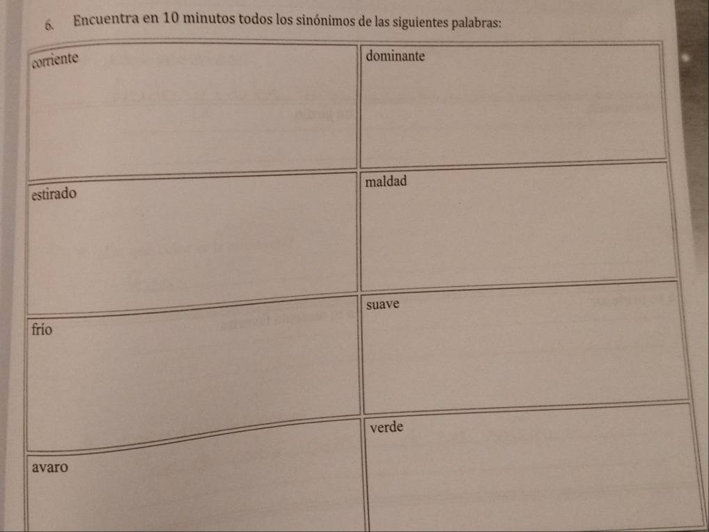 Encuentra en 10 minutos todos los sinónimos de las siguientes palabras: