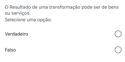 Resultado de uma transformação pode ser de bens
ou serviços.
Selecione uma opção:
Verdadeiro
Falso