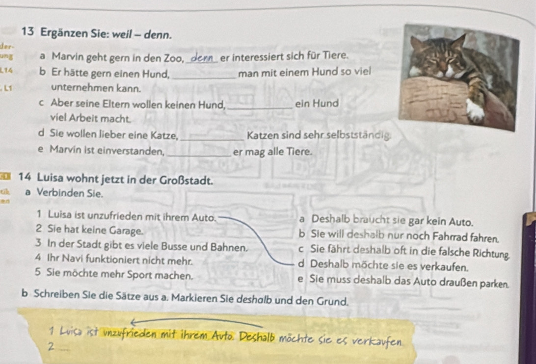 Ergänzen Sie: weil - denn. 
der- 
ung a Marvin geht gern in den Zoo, _er interessiert sich für Tiere. 
L14 b Er hätte gern einen Hund, _man mit einem Hund so viel 
L1 unternehmen kann. 
c Aber seine Eltern wollen keinen Hund, _ein Hund 
viel Arbeit macht. 
d Sie wollen lieber eine Katze, _Katzen sind sehr selbstständig. 
e Marvin ist einverstanden, _er mag alle Tiere. 
14 Luisa wohnt jetzt in der Großstadt. 
ah a Verbinden Sie. 
1 Luisa ist unzufrieden mit ihrem Auto. a Deshalb braucht sie gar kein Auto. 
2 Sie hat keine Garage. b Sie will deshalb nur noch Fahrrad fahren. 
3 In der Stadt gibt es viele Busse und Bahnen. c Sie fährt deshalb oft in die falsche Richtung 
4 Ihr Navi funktioniert nicht mehr. d Deshalb möchte sie es verkaufen. 
5 Sie möchte mehr Sport machen. e Sie muss deshalb das Auto draußen parken. 
b Schreiben Sie die Sätze aus a. Markieren Sie deshalb und den Grund. 
1 Luisa ist unzufrieden mit ihrem Auto. Deshalb möchte sie es verkaufen 
2