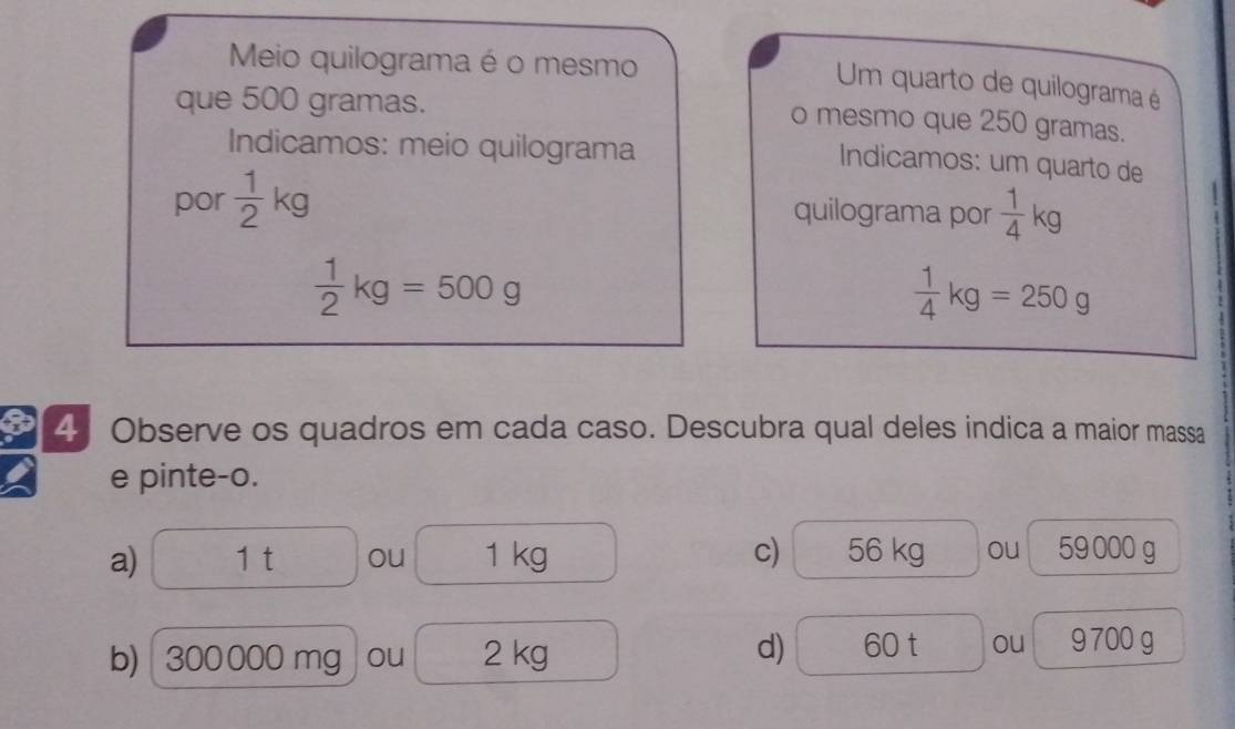Resolvido:Meio quilograma é o mesmo Um quarto de quilograma é que 500 ...