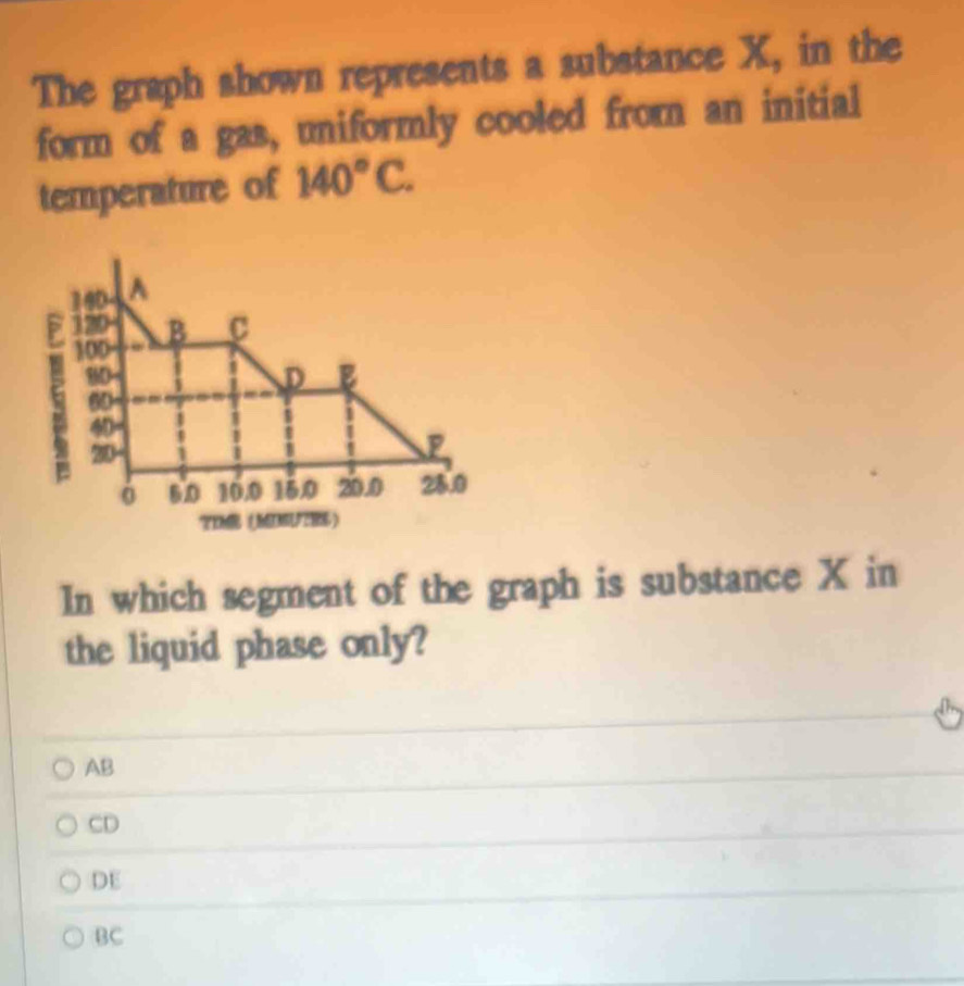 The graph shown represents a substance X, in the
form of a gas, uniformly cooled from an initial
temperature of 140°C.
140 A
120 B C
100
80
D B
60
40
23
P
60 10.0 15,0 20.0 28.0
TIME(MUZRE)
In which segment of the graph is substance X in
the liquid phase only?
AB
CD
DE
BC