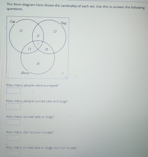 The Venn diagram here shows the cardinality of each set. Use this to answer the following 
questions. 
How many people were surveyed? 
How many people owned cats and dogs? 
How many owned cats or dogs? 
How many did not own horses? 
How many owned cats or dogs; but not horses?