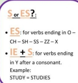 ES 
ES : for verbs ending in J -
CH-SH-SS-ZZ-X
IE + S : for verbs ending 
in Y after a consonant. 
Example: 
STUDY= STUDIES