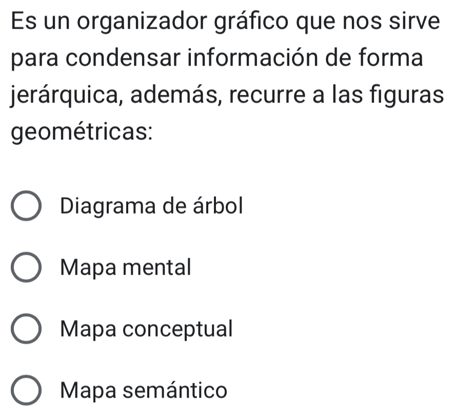 Es un organizador gráfico que nos sirve
para condensar información de forma
jerárquica, además, recurre a las figuras
geométricas:
Diagrama de árbol
Mapa mental
Mapa conceptual
Mapa semántico