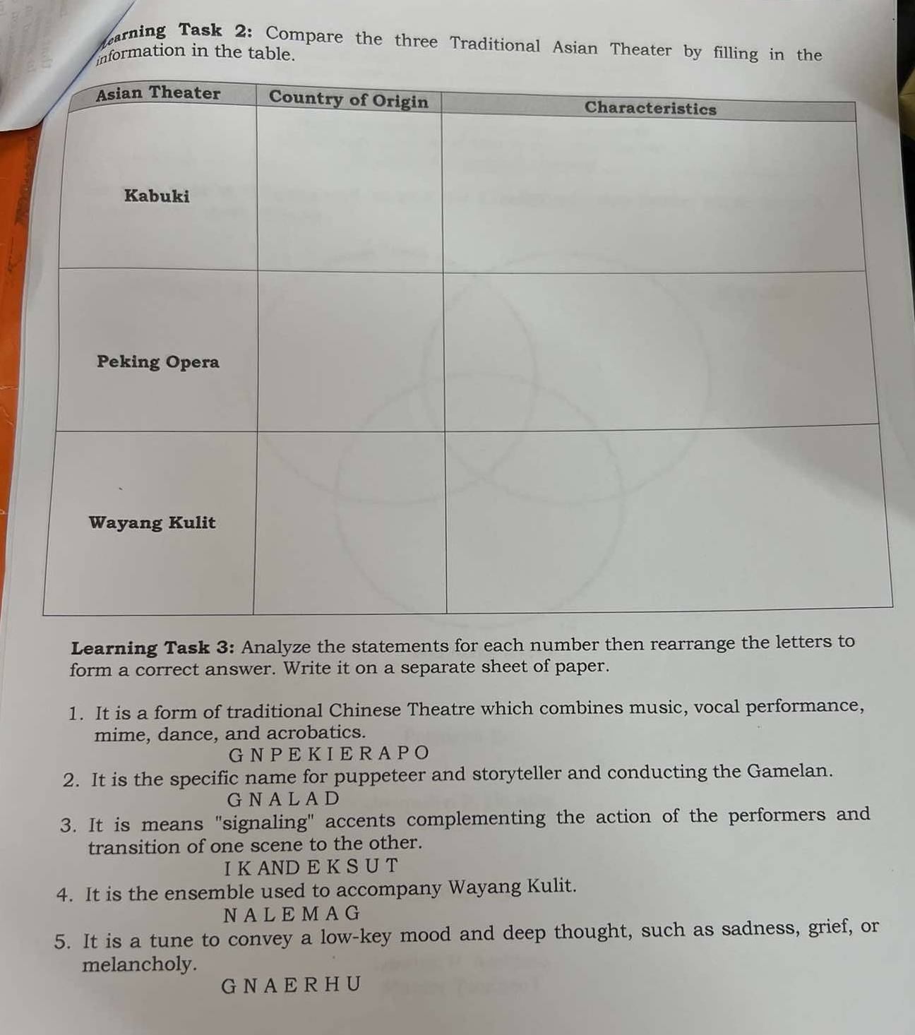 marning Task 2: Compare the three Traditional Asian Theater by filling in the 
nformation in the table. 
Learning Task 3: Analyze the statements for each number then rearrange the letters to 
form a correct answer. Write it on a separate sheet of paper. 
1. It is a form of traditional Chinese Theatre which combines music, vocal performance, 
mime, dance, and acrobatics. 
GNPEKIERAPO 
2. It is the specific name for puppeteer and storyteller and conducting the Gamelan. 
G NALAD 
3. It is means "signaling" accents complementing the action of the performers and 
transition of one scene to the other. 
I K AND E K S U T 
4. It is the ensemble used to accompany Wayang Kulit. 
NALEMAG 
5. It is a tune to convey a low-key mood and deep thought, such as sadness, grief, or 
melancholy. 
G NAERHU