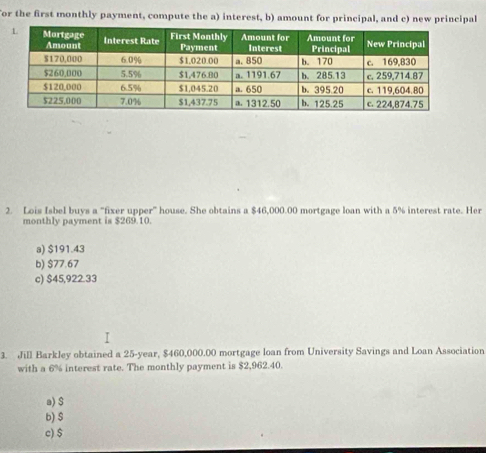 or the first monthly payment, compute the a) interest, b) amount for principal, and c) new principal
2. Lois Isbel buys a "fixer upper" house. She obtains a $46,000.00 mortgage loan with a 5% interest rate. Her
monthly payment is $269.10.
a) $191.43
b) $77.67
c) $45,922.33
3. Jill Barkley obtained a 25-year, $460,000.00 mortgage loan from University Savings and Loan Association
with a 6% interest rate. The monthly payment is $2,962.40.
a) $
b) $
c) $