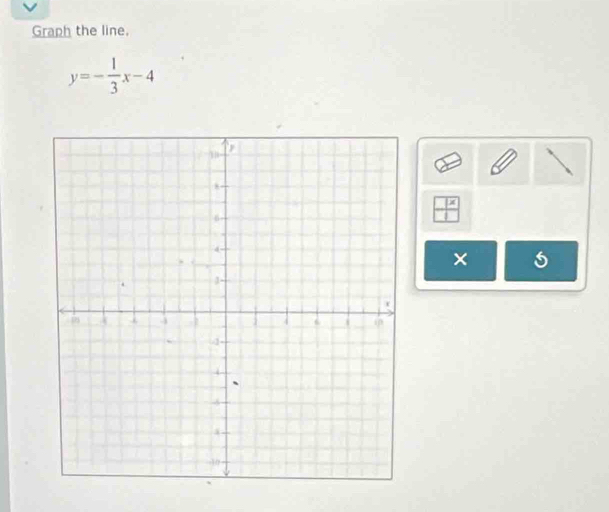 Graph the line.
y=- 1/3 x-4
×