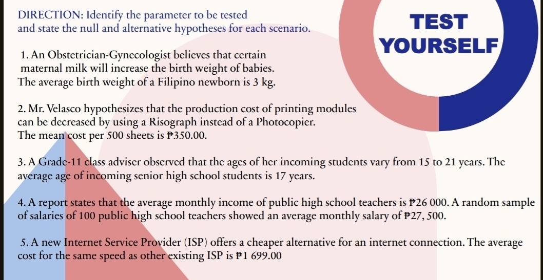 DIRECTION: Identify the parameter to be tested 
and state the null and alternative hypotheses for each scenario. 
TEST 
YOURSELF 
1. An Obstetrician-Gynecologist believes that certain 
maternal milk will increase the birth weight of babies. 
The average birth weight of a Filipino newborn is 3 kg. 
2. Mr. Velasco hypothesizes that the production cost of printing modules 
can be decreased by using a Risograph instead of a Photocopier. 
The mean cost per 500 sheets is P350.00. 
3. A Grade- 11 class adviser observed that the ages of her incoming students vary from 15 to 21 years. The 
average age of incoming senior high school students is 17 years. 
4. A report states that the average monthly income of public high school teachers is P26 000. A random sample 
of salaries of 100 public high school teachers showed an average monthly salary of P27, 500. 
5. A new Internet Service Provider (ISP) offers a cheaper alternative for an internet connection. The average 
cost for the same speed as other existing ISP is P1 699.00