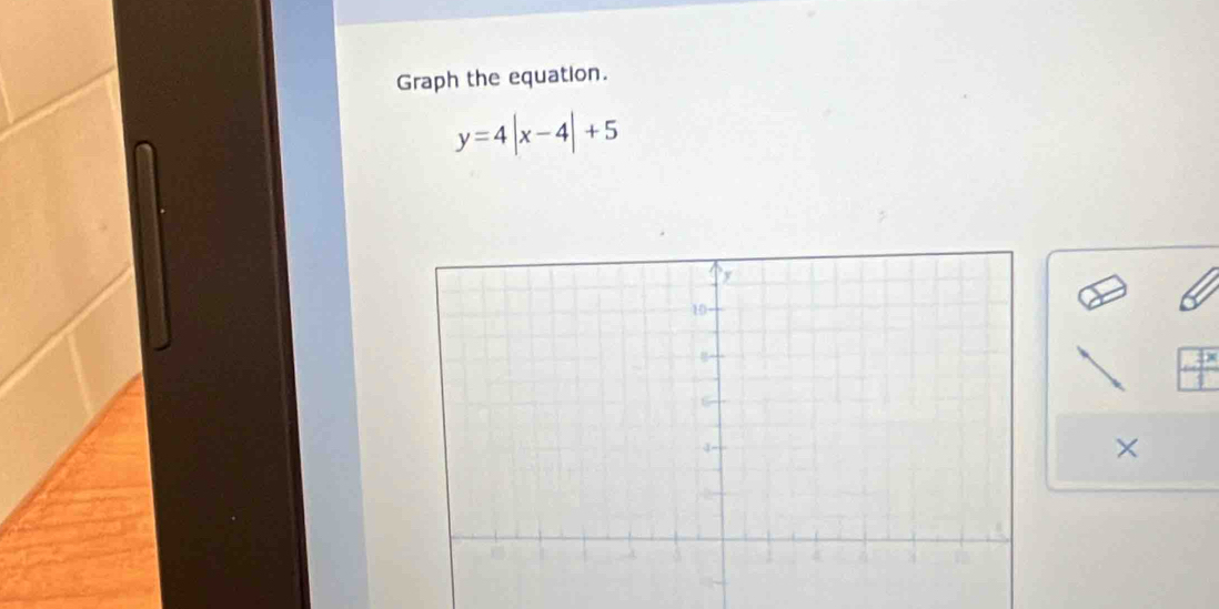 Graph the equation.
y=4|x-4|+5
×