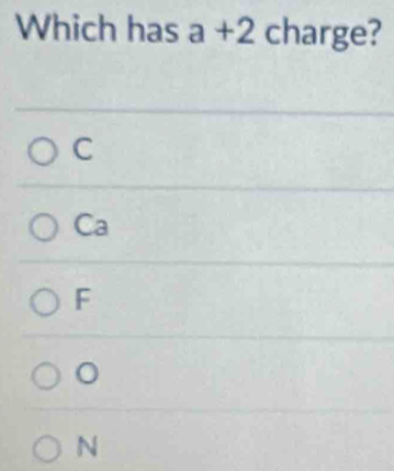 Which has a+2 charge?
C
Ca
F
N