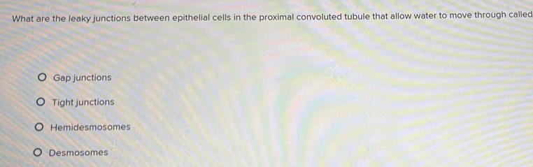 What are the leaky junctions between epithelial cells in the proximal convoluted tubule that allow water to move through called
Gap junctions
Tight junctions
Hemidesmosomes
Desmosomes