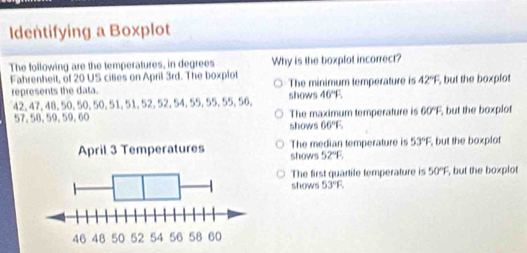 Identifying a Boxplot
The following are the temperatures, in degrees Why is the boxplot incorrect?
Fahrenheit, of 20 US cilies on April 3rd. The boxplot The minimum temperature is 42°F, , but the boxplot
represents the data.
42, 47, 48, 50, 50, 50, 51, 51, 52, 52, 54, 55, 55, 55, 56, shows 46°F.
57. 58. 59. 59. 60 The maximum temperature is 60°F, , but the boxplot
shows 66°F
The median temperature is 53°F but the boxplot
shows 52°F.
The first quartile temperature is 50°F, , but the boxplot
shows 53°F.