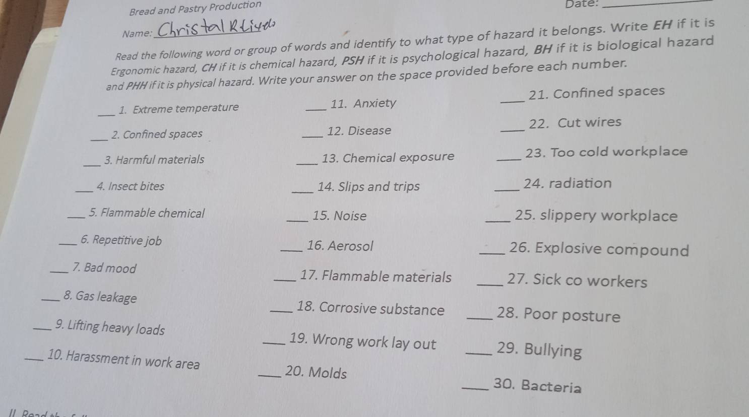 Bread and Pastry Production Date:_ 
Name: 
Read the following word or group of words and identify to what type of hazard it belongs. Write EH if it is 
Ergonomic hazard, CH if it is chemical hazard, PSH if it is psychological hazard, BH if it is biological hazard 
and PHH if it is physical hazard. Write your answer on the space provided before each number. 
_ 
1. Extreme temperature _11. Anxiety _21. Confined spaces 
22. Cut wires 
_ 
2. Confined spaces _12. Disease 
_ 
_3. Harmful materials _13. Chemical exposure _23. Too cold workplace 
_4. Insect bites _14. Slips and trips _24. radiation 
_5. Flammable chemical _15. Noise _25. slippery workplace 
_6. Repetitive job _16. Aerosol _26. Explosive compound 
_7. Bad mood _17. Flammable materials _27. Sick co workers 
_8. Gas leakage _18. Corrosive substance _28. Poor posture 
_9. Lifting heavy loads _19. Wrong work lay out _29. Bullying 
_10. Harassment in work area _20. Molds _30. Bacteria