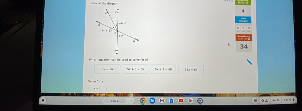 Look at the diagram.
4
Time
elapsed
0S 22
100 0
34
Which equation can be used to solve for x?
8x=66 5x+3=66 9x+3=66 12x=66
Solve for x
x=□
Desk 2
Now 16