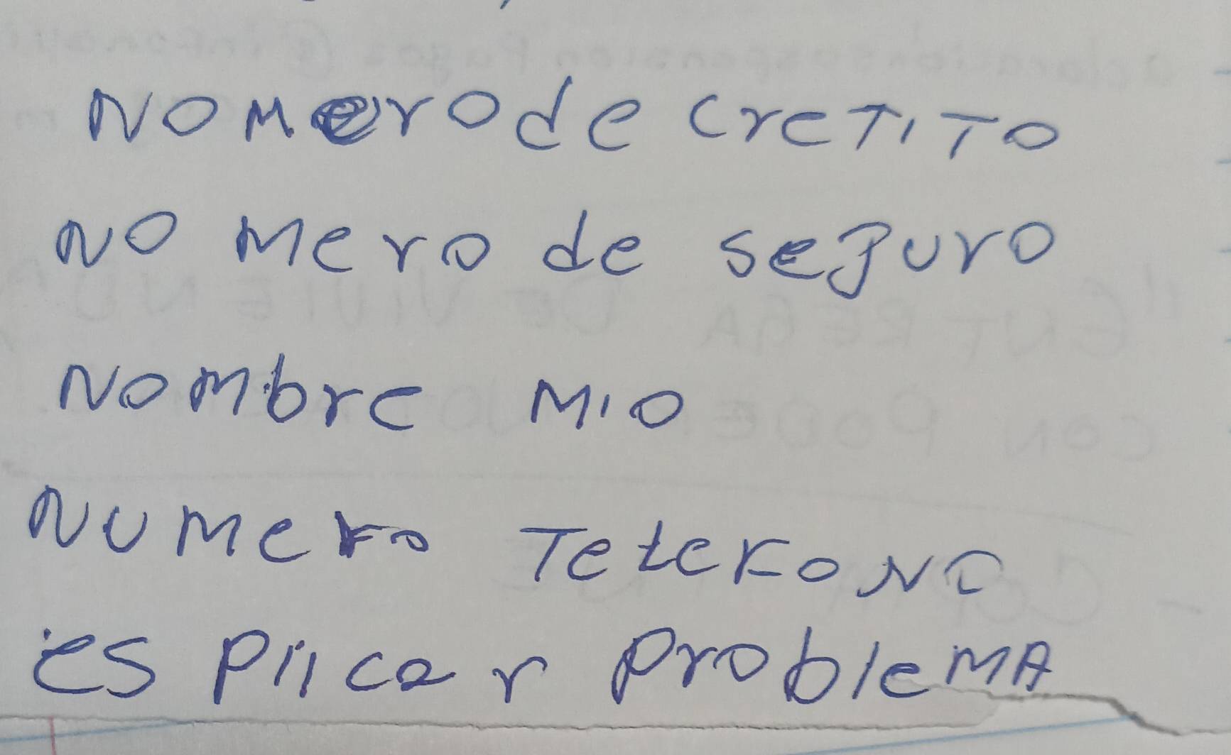 NomerOde CreTITo 
No mero de sejuro 
Nombre MIO 
NUmero TeteroNO 
es Pllcer problemp