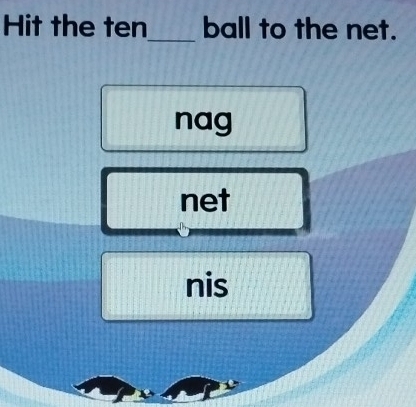 Hit the ten_ ball to the net. 
nag 
net 
nis