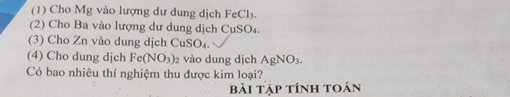 (1) Cho Mg vào lượng dư dung dịch FeCl_3. 
(2) Cho Ba vào lượng dư dung dịch CuSO_4. 
(3) Cho Zn vào dung dịch CuS O_4
(4) Cho dung dịch Fe(NO_3)_2 vào dung dịch AgNO_3. 
Có bao nhiêu thí nghiệm thu được kim loại? 
bài tập tính toán