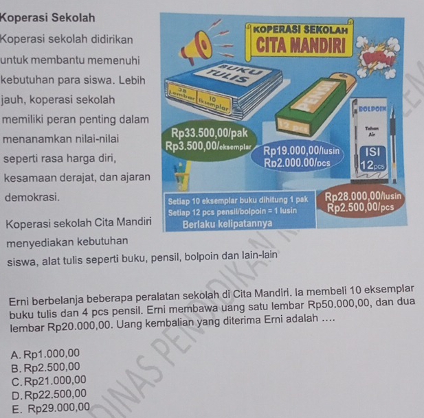 Koperasi Sekolah
Koperasi sekolah didirikan 
untuk membantu memenuhi
kebutuhan para siswa. Lebih
jauh, koperasi sekolah
memiliki peran penting dalam
menanamkan nilai-nilai 
seperti rasa harga diri,
kesamaan derajat, dan ajaran
demokrasi.
Koperasi sekolah Cita Mandir
menyediakan kebutuhan
siswa, alat tulis seperti buku, pensil, bolpoin dan lain-lain
Erni berbelanja beberapa peralatan sekolah di Cita Mandiri. la membeli 10 eksemplar
buku tulis dan 4 pcs pensil. Erni membawa uang satu lembar Rp50.000,00, dan dua
lembar Rp20.000,00. Uang kembalian yang diterima Erni adalah ....
A. Rp1.000,00
B. Rp2.500,00
C. Rp21.000,00
D. Rp22.500,00
E. Rp29.000,00