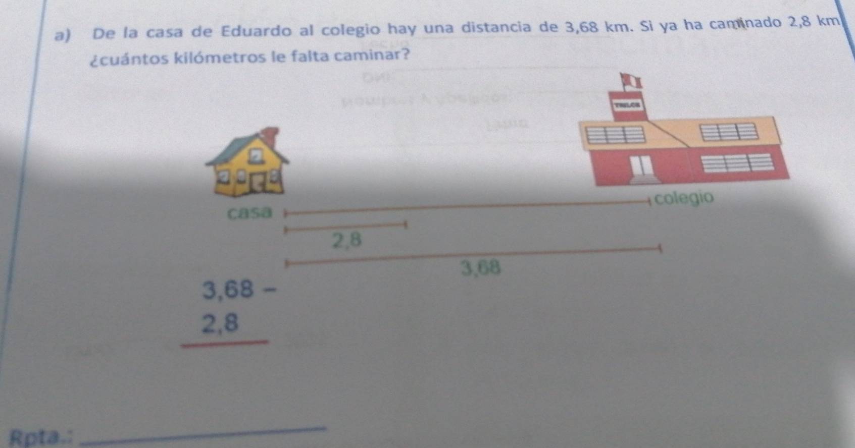 De la casa de Eduardo al colegio hay una distancia de 3,68 km. Si ya ha caminado 2,8 km
¿cuántos kilómetros le falta caminar?
Rpta.:
_