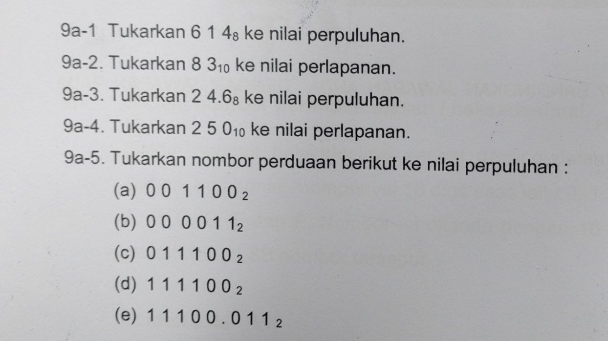 9a-1 Tukarkan 6 1 4 +8 ke nilai perpuluhan.
9a-2. Tukarkan 83_10 ke nilai perlapanan.
9a-3. Tukarkan 24.6_8 ke nilai perpuluhan.
-4a-4. Tukarkan 250_10 ke nilai perlapanan. 
9a-5. Tukarkan nombor perduaan berikut ke nilai perpuluhan : 
(a) 001100_2
(b) 000011_2
(c) 011100_2
(d) 111100_2
(e) 11100.011_2