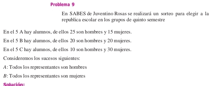 Problema 9 
En SABES de Juventino Rosas se realizará un sorteo para elegir a la 
republica escolar en los grupos de quinto semestre 
En el 5 A hay alumnos, de ellos 25 son hombres y 15 mujeres. 
En el 5 B hay alumnos, de ellos 20 son hombres y 20 mujeres. 
En el 5 C hay alumnos, de ellos 10 son hombres y 30 mujeres. 
Consideremos los sucesos siguientes: 
A: Todos los representantes son hombres 
B: Todos los representantes son mujeres 
Solución: