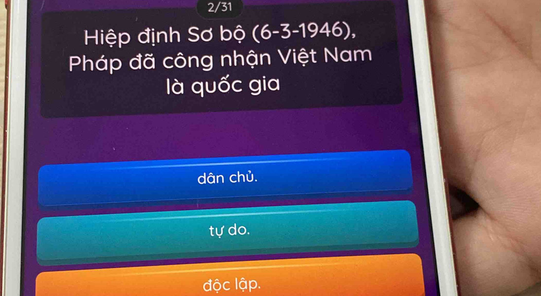 2/31
Hiệp định Sơ bộ (6-3-1946),
Pháp đã công nhận Việt Nam
là quốc gia
dân chủ.
tự do.
độc lập.