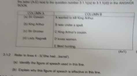 the letter (4,5) e next to the quesition number 3.1.1 ((a) to 3.1.1 (d)) in the ANSWER 
BOOK 
3.1efer to lines 4 - 5('She had...barrel'). 
(a) identify the figure of speech used in this line. 
(b) Explain why this figure of speech is effective in this line.