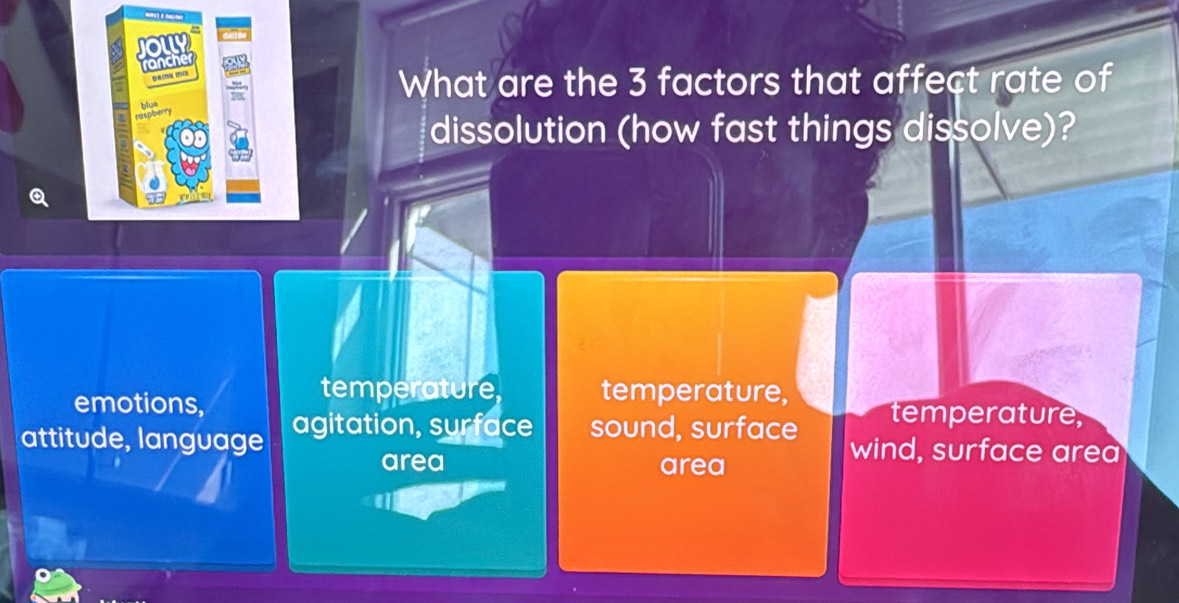 rancher
DiBLSTNN TEVEE
What are the 3 factors that affect rate of
naispbern
dissolution (how fast things dissolve)?
temperature, temperature,
emotions, temperature,
attitude, language agitation, surface sound, surface wind, surface area
area area