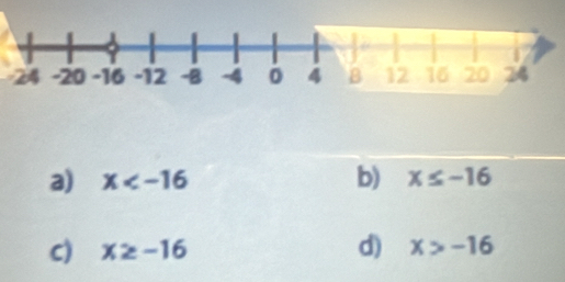 a) x x≤ -16
C) x≥ -16 d) x>-16