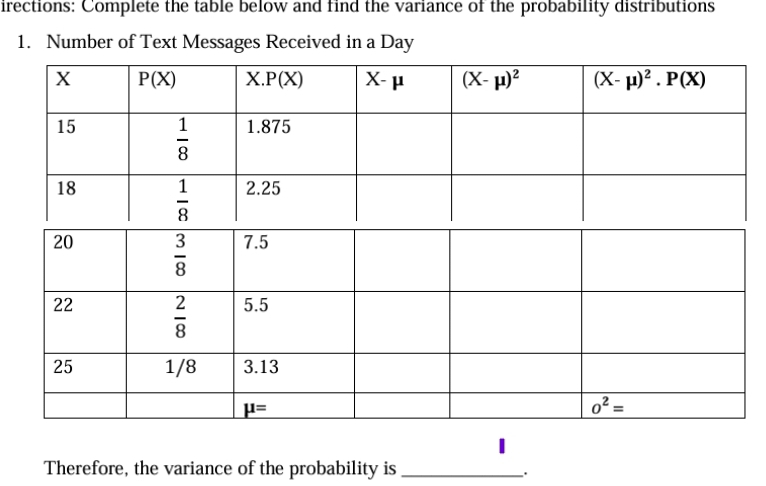 irections: Complete the table below and find the variance of the probability distributions
1. Number of Text Messages Received in a Day
I
Therefore, the variance of the probability is_
.