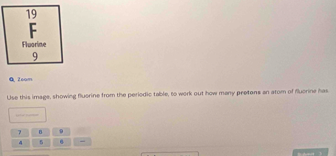 Zoom 
Use this image, showing fluorine from the periodic table, to work out how many protons an atom of fluorine has. 
Unter cumser
7 B 9
4 5 6
Suhaif