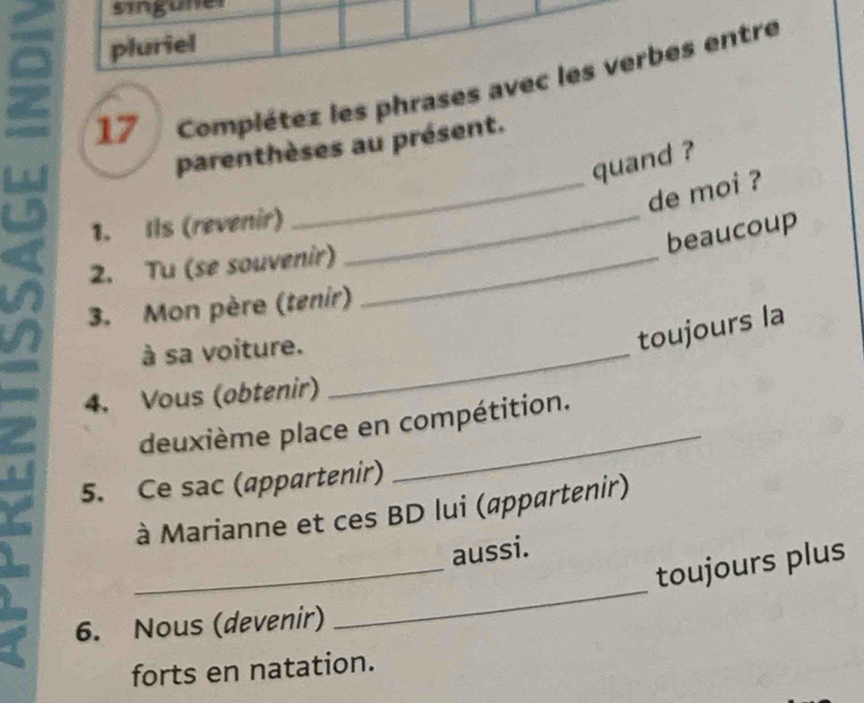 singune 
pluriel 
17 Complétez les phrases avec les verbes entre 
parenthèses au présent. 
quand ? 
_de moi ? 
1. Ils (revenir)_ 
beaucoup 
2. Tu (se souvenir)_ 
3. Mon père (tenir) 
à sa voiture._ 
toujours la 
4. Vous (obtenir) 
deuxième place en compétition. 
5. Ce sac (appartenir) 
à Marianne et ces BD lui (appartenir) 
_ 
aussi. 
toujours plus 
6. Nous (devenir) 
_ 
forts en natation.