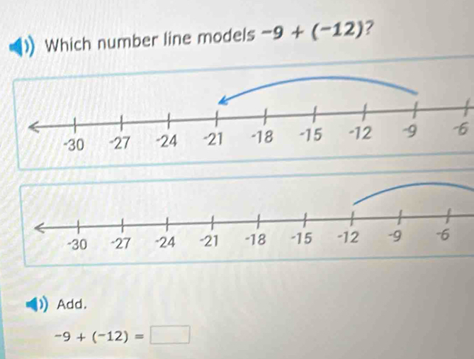 Which number line models -9+(-12) ?
6
Add.
-9+(-12)=□