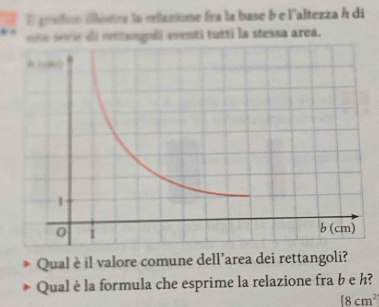 profcn állesre la relazione fra la base δ e l'altezza h di 
es erie de eettanguli aventi tuttí la stessa area. 
Qual è il valore comune dell’area dei rettangoli? 
Qual è la formula che esprime la relazione fra b e h?
[8cm^2