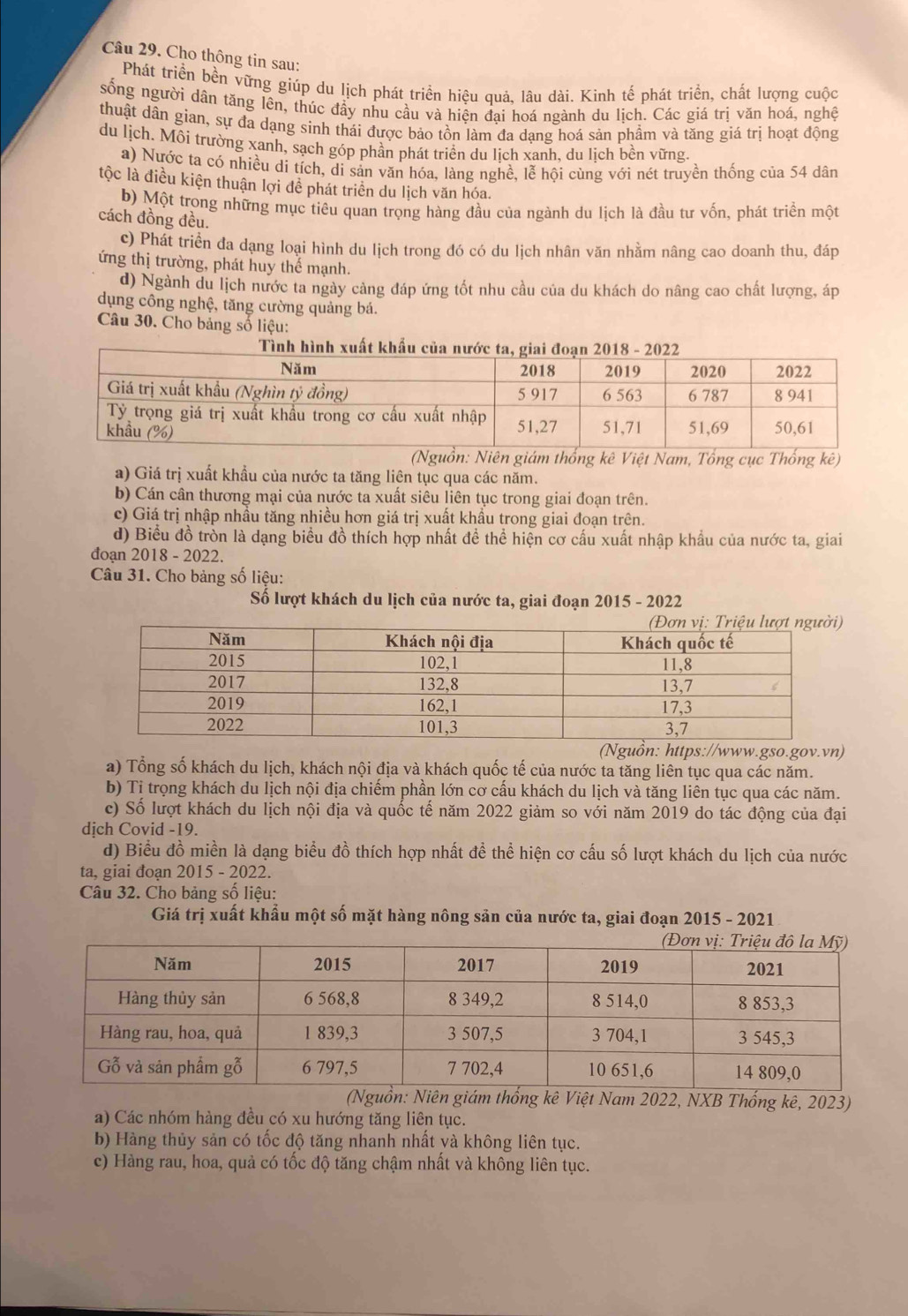 Cho thông tin sau:
Phát triển bền vững giúp du lịch phát triển hiệu quả, lâu dài. Kinh tế phát triển, chất lượng cuộc
sống người dân tăng lên, thúc đầy nhu cầu và hiện đại hoá ngành du lịch. Các giá trị văn hoá, nghệ
thuật dân gian, sự đa dạng sinh thái được bảo tồn làm đa dạng hoá sản phầm và tăng giá trị hoạt động
du lịch. Môi trường xanh, sạch góp phần phát triển du lịch xanh, du lịch bền vững.
a) Nước ta có nhiều di tích, di sản văn hóa, làng nghề, lễ hội cùng với nét truyền thống của 54 dân
tộc là điều kiện thuận lợi đề phát triển du lịch văn hóa.
b) Một trong những mục tiêu quan trọng hàng đầu của ngành du lịch là đầu tư vốn, phát triền một
cách đồng đều.
c) Phát triển đa dạng loại hình du lịch trong đó có du lịch nhân văn nhằm nâng cao doanh thu, đáp
ứng thị trường, phát huy thế mạnh.
d) Ngành du lịch nước ta ngày càng đáp ứng tốt nhu cầu của du khách do nâng cao chất lượng, áp
ụng công nghệ, tăng cường quảng bá.
Câu 30. Cho bảng số liệu:
(Nguồn: Niên giám thống kê Việt Nam, Tổng cục Thống kê)
a) Giá trị xuất khẩu của nước ta tăng liên tục qua các năm.
b) Cán cân thương mại của nước ta xuất siêu liên tục trong giai đoạn trên.
c) Giá trị nhập nhầu tăng nhiều hơn giá trị xuất khẩu trong giai đoạn trên.
d) Biểu đồ tròn là dạng biểu đồ thích hợp nhất đề thể hiện cơ cấu xuất nhập khẩu của nước ta, giai
dđoạn 2018 - 2022.
Câu 31. Cho bảng số liệu:
Số lượt khách du lịch của nước ta, giai đoạn 2015 - 2022
(Nguồn: https://www.gso.gov.vn)
a) Tổng số khách du lịch, khách nội địa và khách quốc tế của nước ta tăng liên tục qua các năm.
b) Tị trọng khách du lịch nội địa chiếm phần lớn cơ cấu khách du lịch và tăng liên tục qua các năm.
c) Số lượt khách du lịch nội địa và quốc tế năm 2022 giảm so với năm 2019 do tác động của đại
dịch Covid -19.
d) Biểu đồ miền là dạng biểu đồ thích hợp nhất đề thể hiện cơ cấu số lượt khách du lịch của nước
ta, giai đoạn 2015 - 2022.
Câu 32. Cho bảng số liệu:
Giá trị xuất khẩu một số mặt hàng nông sản của nước ta, giai đoạn 2015 - 2021
kê Việt Nam 2022, NXB Thống kê, 2023)
a) Các nhóm hàng đều có xu hướng tăng liên tục.
b) Hàng thủy sản có tốc độ tăng nhanh nhất yà không liên tục.
c) Hàng rau, hoa, quả có tốc độ tăng chậm nhất và không liên tục.