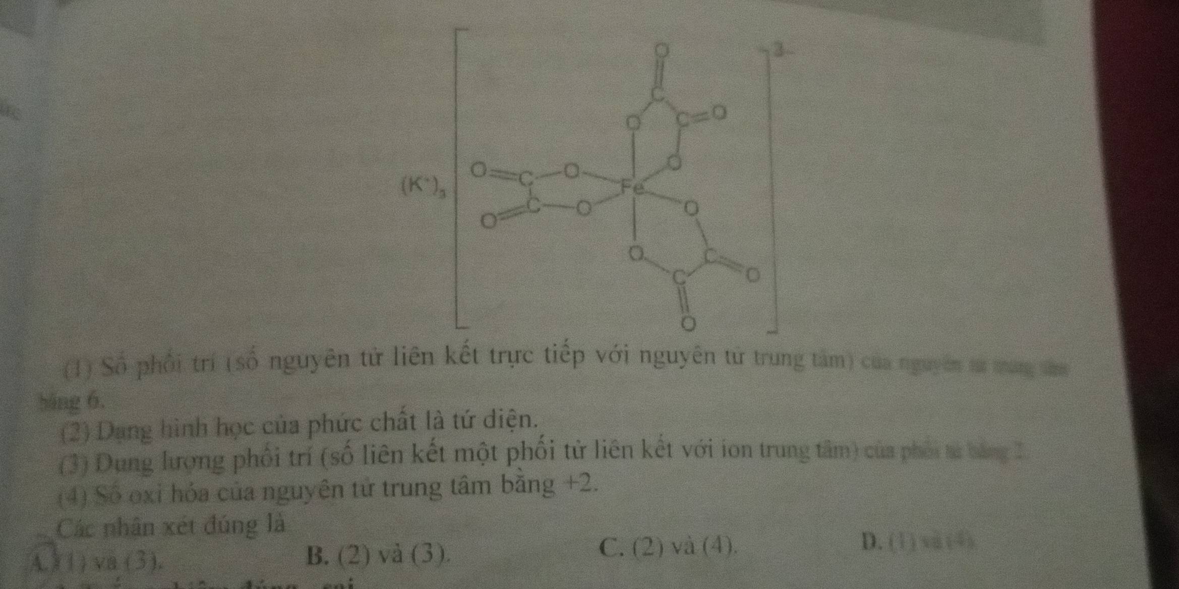 (1) Số phối trí (số nguyên tử liên yên tử trung tâm) của nguyên ta tang đ
báng 6.
(2) Dang hình học của phức chất là tứ diện.
(3) Dung lượng phối trí (số liên kết một phối tử liên kết với ion trung tâm) của phối ta bằng 2.
(4) Số oxi hóa của nguyên tử trung tâm băng +2.
Các nhân xét đúng là
A. 3 1)va(3), B. (2) và (3).
C. (2) và (4).
D. (1) vi (4)