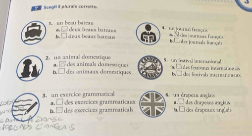 Scegli il plurale corretto.
1.un beau bateau
a. deux beaux bateaux 4. un journal français
a.  des journaux français
b. deux beaus bateaus b. □ des journals français
2. un animal domestique. un festival international
a. des animals domestiquesa É des festivaux internationals
b. □ des animaux domestiquesb. □des festivals internationaux
3. un exercice grammatical 6. un drapeau anglais
a. des exercices grammaticaux a. □ des drapeaus anglais
b. □ des exercices grammaticals b. □ des drapeaux anglais