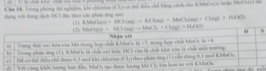 TT lệ chát khu: chất oxt hoa ở phương t h
Câu 10. Trong phòng thí nghiệm, khí chlorine (Cl₂) có thể điều chế bằng cách cho KMnO₄(s) hoặc MnO_2(s) tac
dụng với dung dịch HCl đặc theo các phản ứng sau: KMnO_4(s)+HCl(aq)to KCl(aq)+MnCl_2(aq)+Cl_2(g)+H_2O(l)
(1)