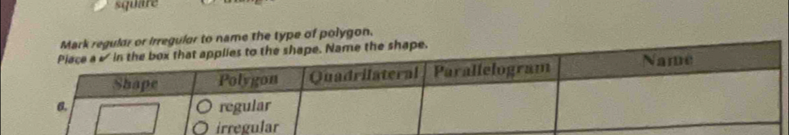 square 
irregular to name the type of polygon.