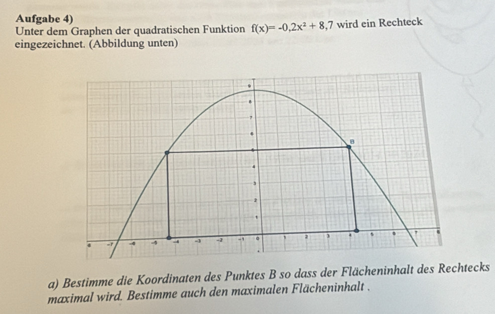 Aufgabe 4) 
Unter dem Graphen der quadratischen Funktion f(x)=-0,2x^2+8,7 wird ein Rechteck 
eingezeichnet. (Abbildung unten) 
a) Bestimme die Koordinaten des Punktes B so dass der Flächeninhalt des Rechtecks 
maximal wird. Bestimme auch den maximalen Flächeninhalt .