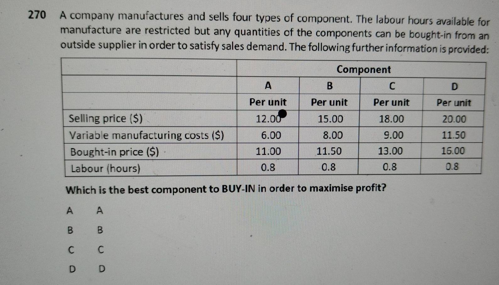 270 A company manufactures and sells four types of component. The labour hours available for
manufacture are restricted but any quantities of the components can be bought-in from an
outside supplier in order to satisfy sales demand. The following further information is provided:
Which is the best component to BUY-IN in order to maximise profit?
A A
B B
C C
D D