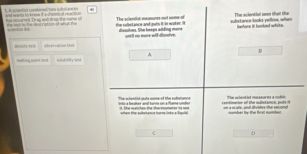 A scientist combined two substances
and wants to know if a chemical reaction 
has occurred. Drag and drop the name of The scientist measures out some of The scientist sees that the
the test to the description of what the the substance and puts it in water. It substance looks yellow, when
scientist did. dissolves. She keeps adding more before it looked white.
until no more will dissolve.
density test observation test
B
A
melting point test solubility test
The scientist puts some of the substance The scientist measures a cubic
into a beaker and turns on a flame under centimeter of the substance, puts it
it. She watches the thermometer to see on a scale, and divides the second
when the substance turns into a liquid. number by the first number.
C
D